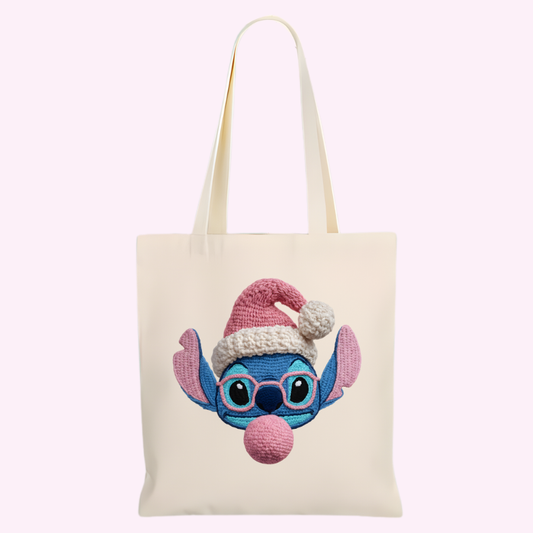 Pink Santa Alien Crochet-Style Holiday Tote Bag